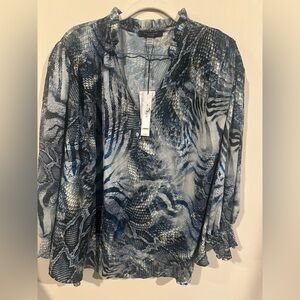 T Tahari Blue and Gray Patterned Blouse